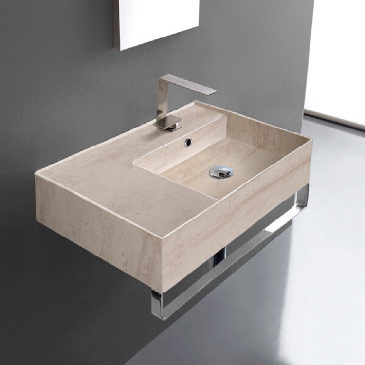 Scarabeo 5117-E-TB-One Hole Beige Travertine Design Ceramic Wall Mounted Sink With Counter Space, Towel Bar Included